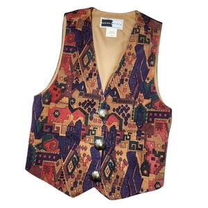 Rhonda Stark Vest Suede Leather Southwestern Aztec Silver Tone Conchos Buttons